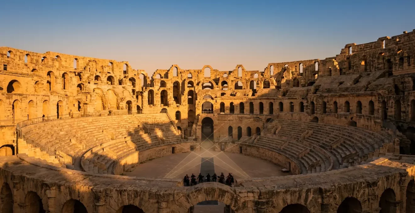Coupe architecturale montrant la propagation des ondes sonores dans l'amphithéâtre d'El Jem