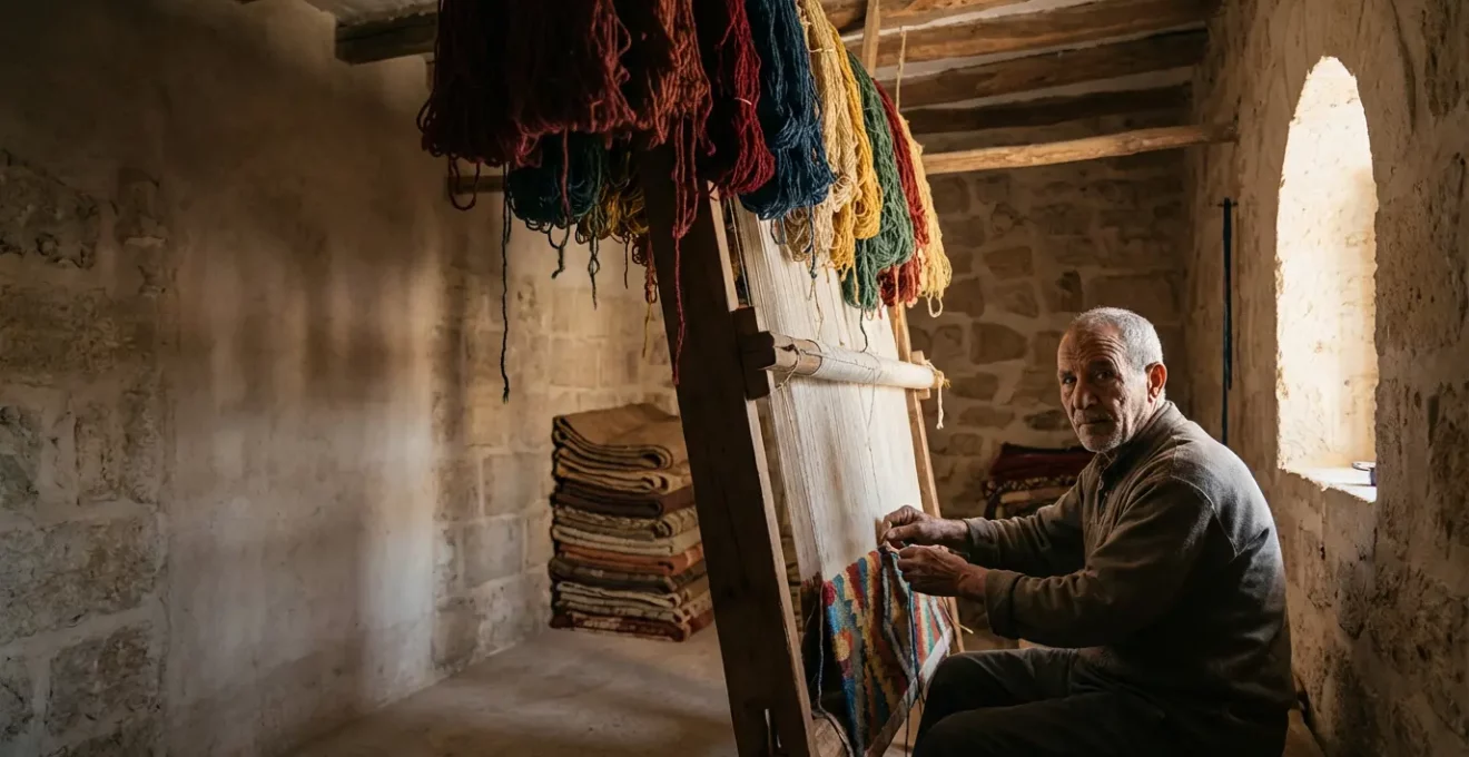 Artisan tisseur travaillant sur un métier à tisser traditionnel dans un atelier de la médina de Kairouan