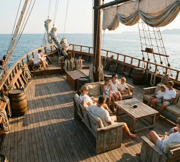 Famille sur le pont d'un bateau pirate sous le soleil méditerranéen
