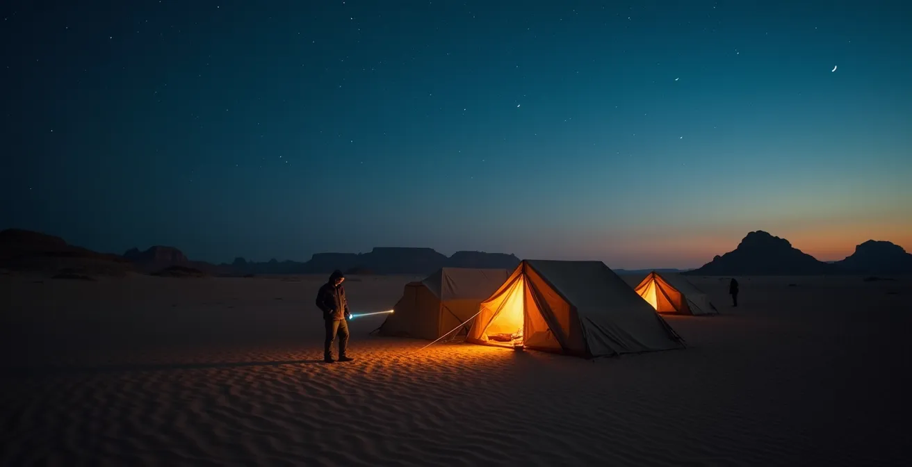 Campement dans le désert au crépuscule avec tentes éloignées des rochers et zone de sable lissée