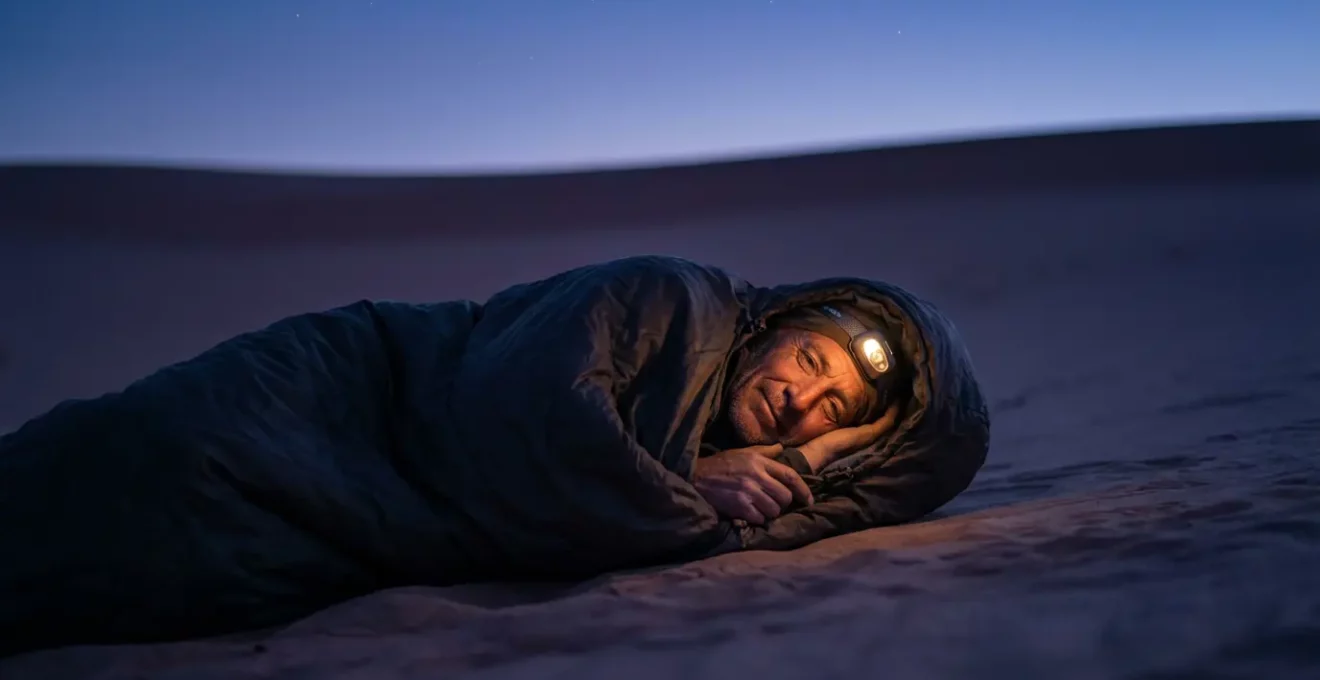 Randonneur installé dans un sursac bivy sous les étoiles du désert tunisien