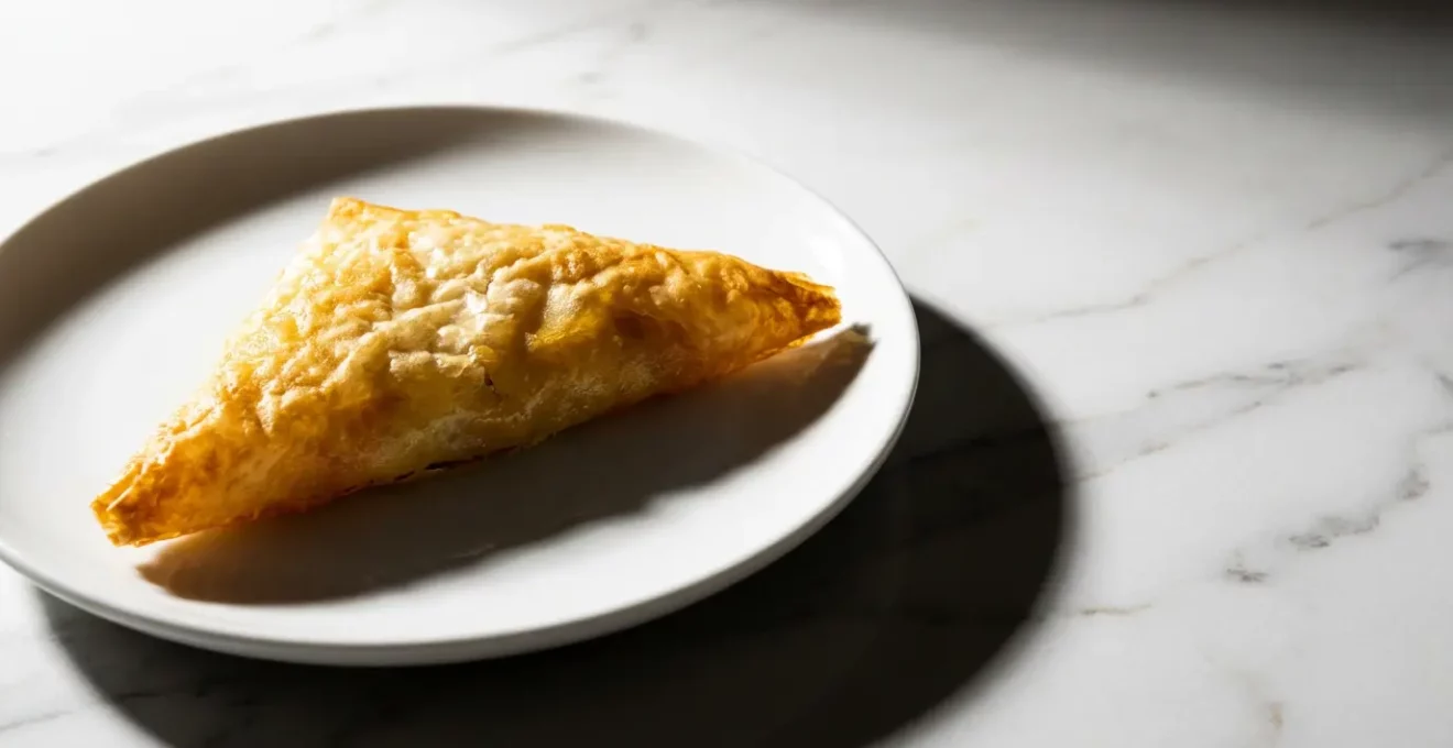 Composition artistique montrant une brik dorée avec garniture moderne sur assiette minimaliste