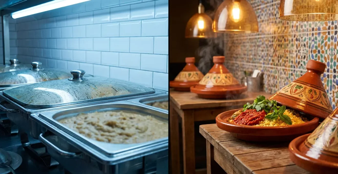 Comparaison visuelle entre un buffet international générique et un stand de spécialités tunisiennes authentiques