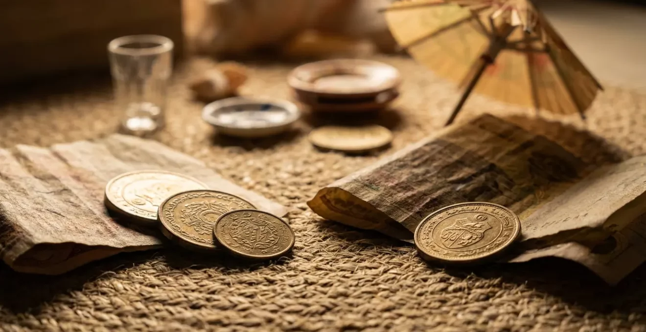 Composition visuelle montrant une comparaison de budget vacances avec pièces, billets et symboles de services hôteliers