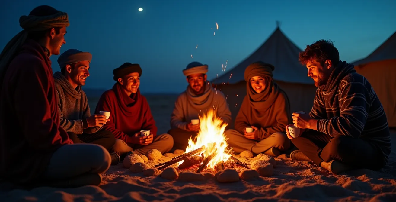 Campement berbère traditionnel avec tentes illuminées par un feu de camp sous un ciel étoilé dans le désert de Ksar Ghilane