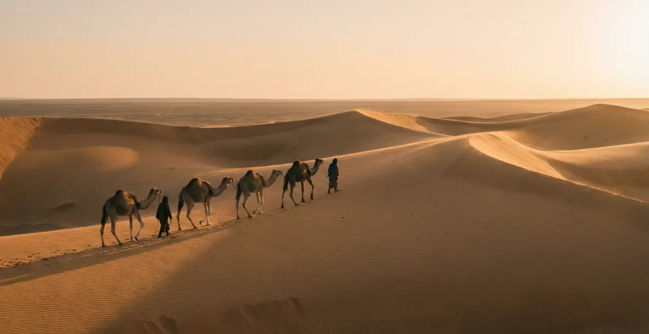 Caravane de dromadaires traversant les dunes dorées du Sahara au coucher du soleil