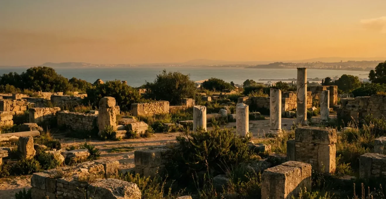 Vue panoramique depuis la colline de Byrsa sur les vestiges de Carthage et le golfe de Tunis au coucher du soleil