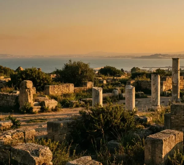 Vue panoramique depuis la colline de Byrsa sur les vestiges de Carthage et le golfe de Tunis au coucher du soleil
