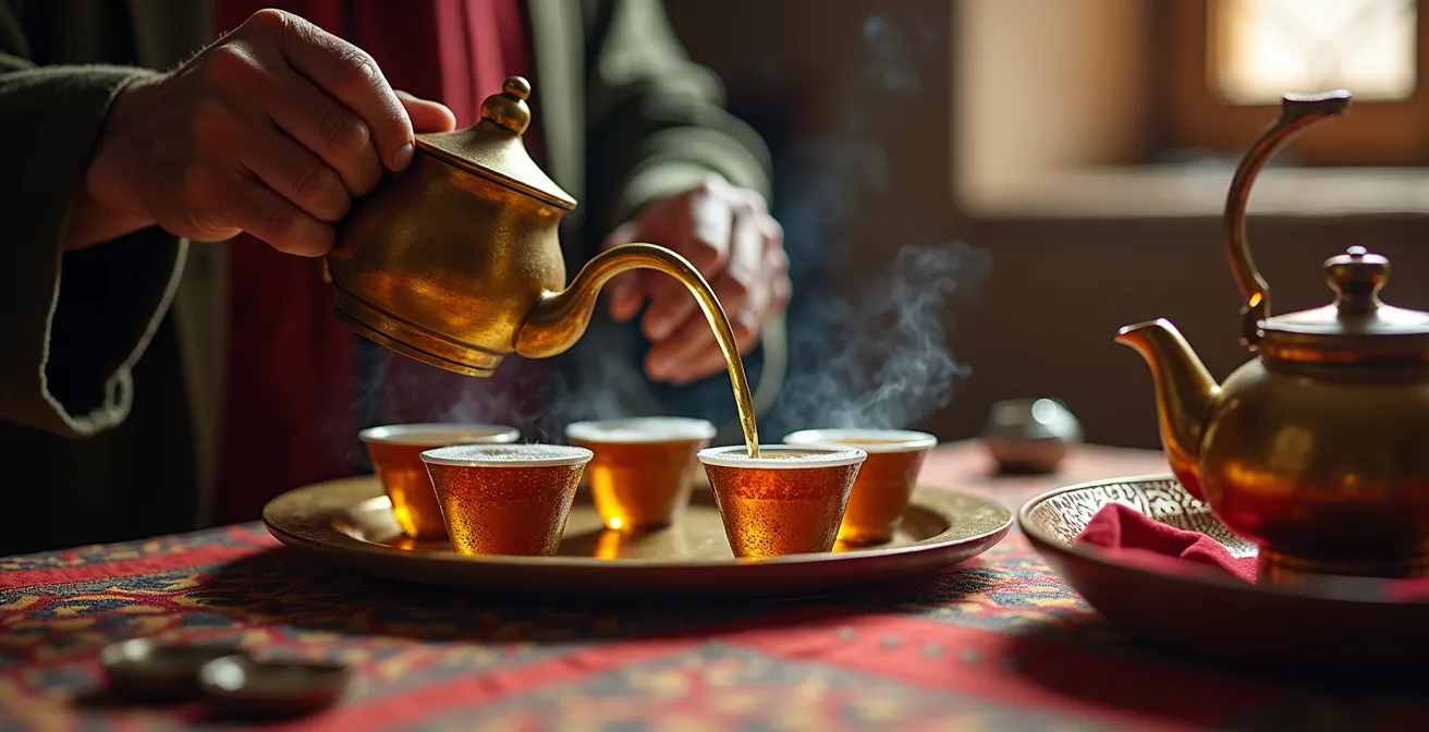Cérémonie traditionnelle du thé berbère avec théière en métal et verres ornés
