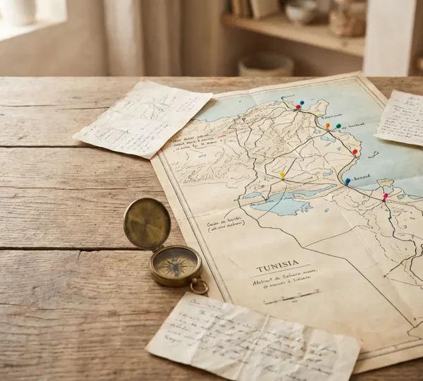 Vue plongeante sur une carte détaillée de la Tunisie avec des épingles colorées marquant un itinéraire personnalisé