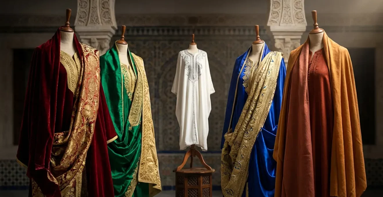 Éventail de tenues traditionnelles tunisiennes aux couleurs variées exposées dans un intérieur traditionnel