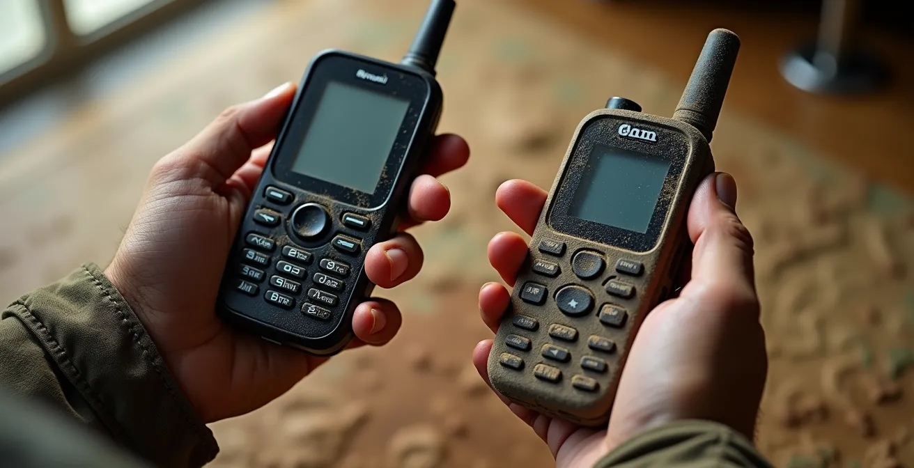 Mains tenant un téléphone satellite et une balise GPS sur fond de carte topographique