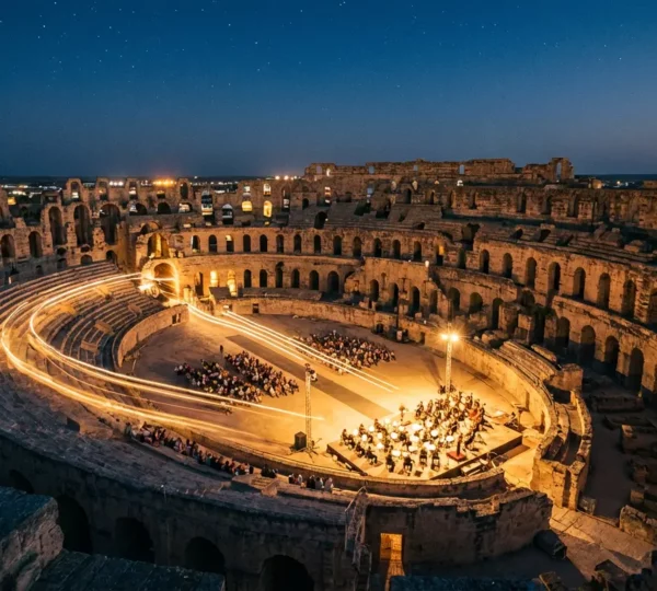 Vue panoramique d'un concert symphonique dans l'amphithéâtre romain d'El Jem illuminé de nuit avec l'orchestre et les spectateurs
