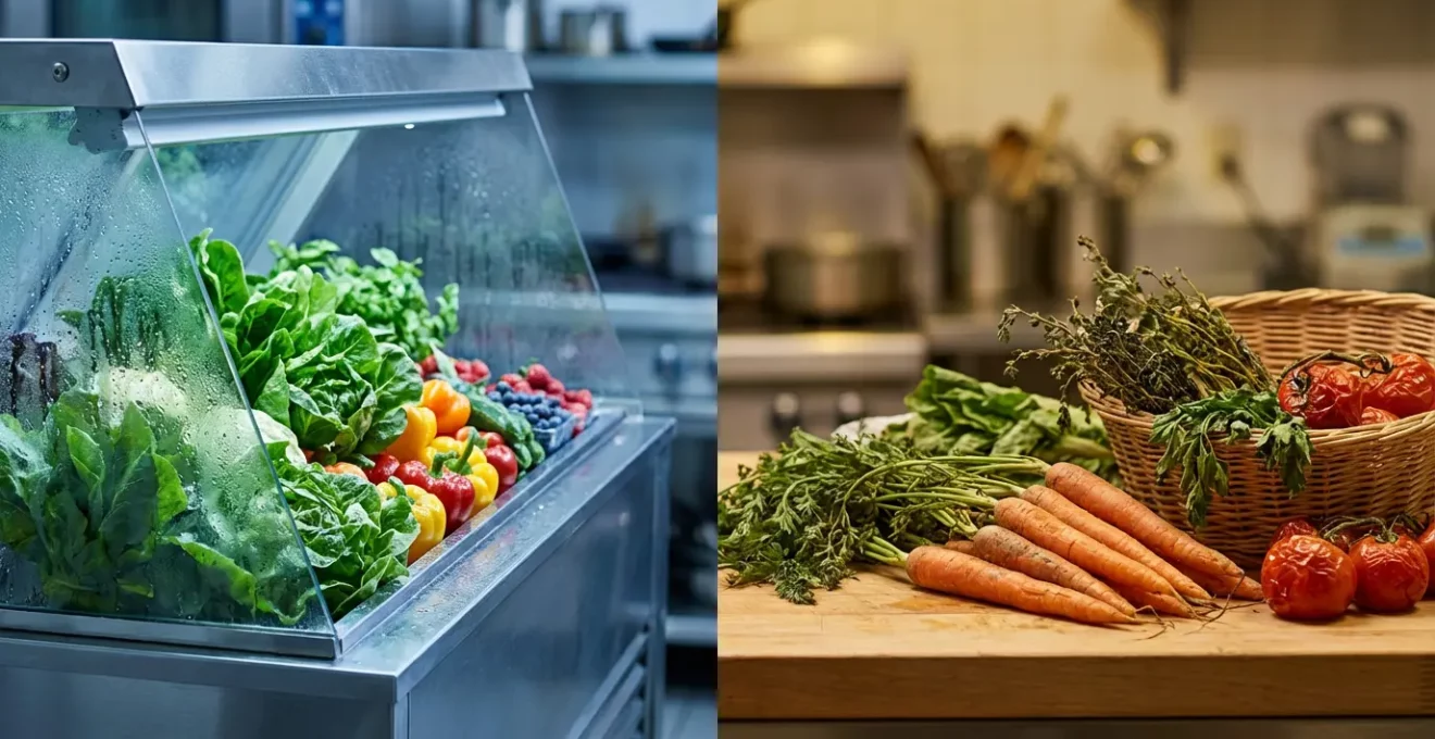 Présentoir réfrigéré professionnel en inox contenant de la salade méchouia fraîche
