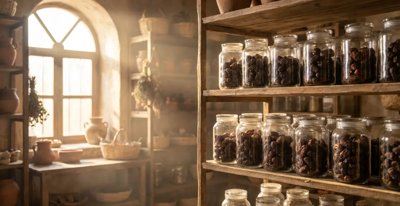Dattes dorées dans un bocal en verre hermétique avec ambiance de garde-manger oriental