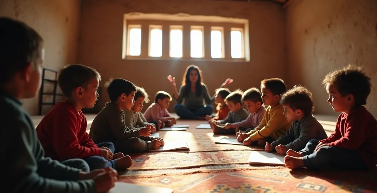 École de village berbère avec instituteur et enfants en classe