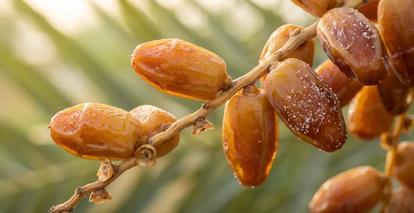 Gros plan de dattes Deglet Nour dorées translucides sur branche de palmier