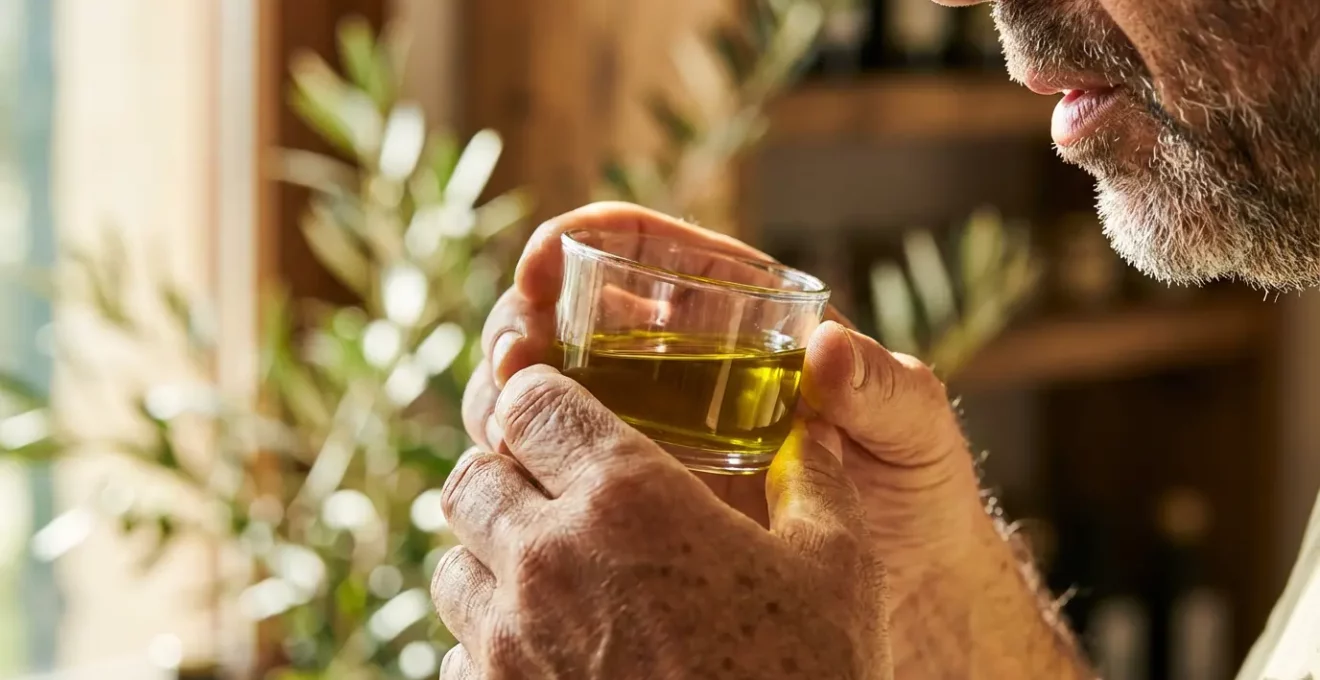 Main tenant un verre de dégustation avec huile d'olive dorée dans une lumière naturelle