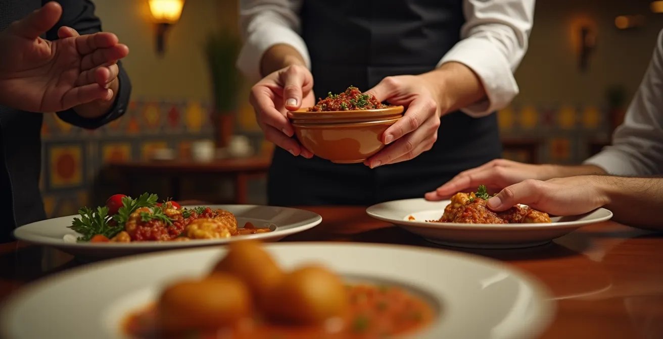 Client et serveur dans un restaurant tunisien traditionnel discutant avec la harissa servie à part