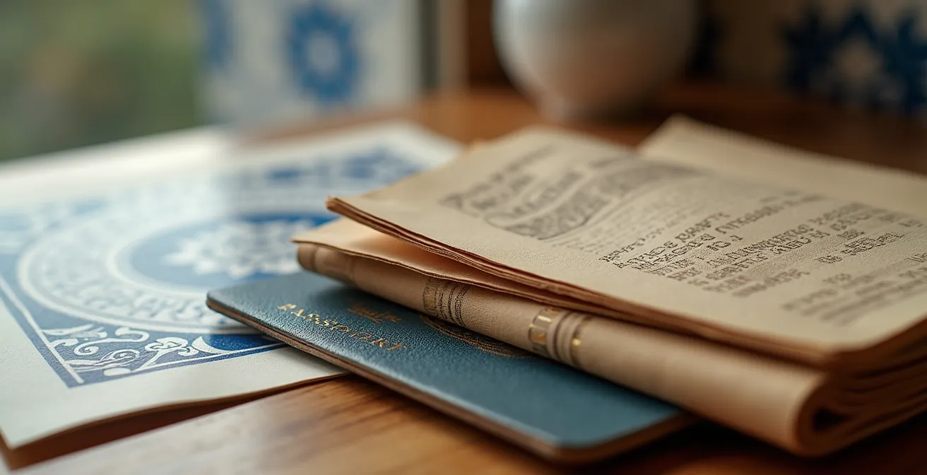 Vue macro de documents de voyage organisés pour une famille se rendant en Tunisie