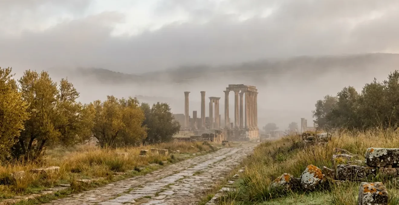 Site archéologique de Dougga dans la brume matinale de novembre, ambiance contemplative
