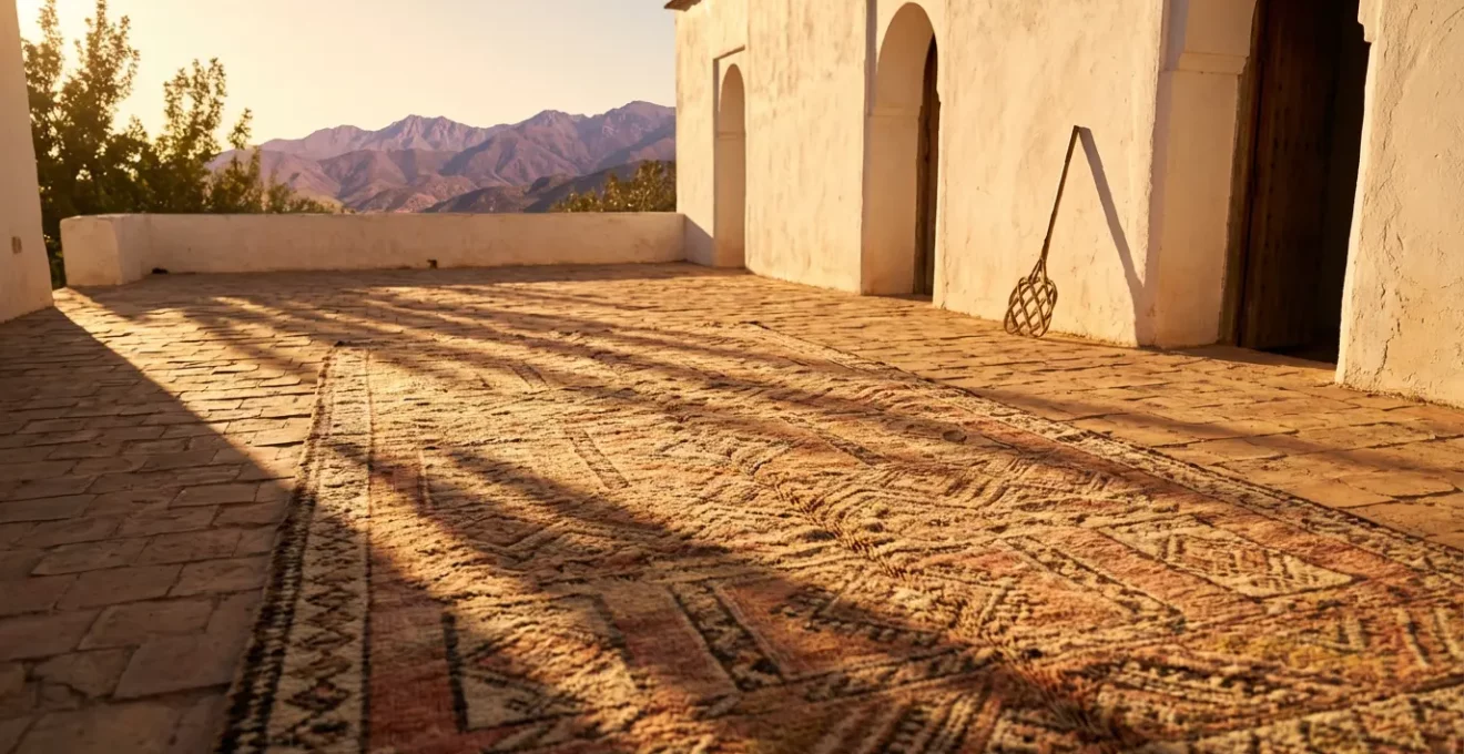 Tapis berbère étendu au soleil sur une terrasse traditionnelle pour séchage naturel