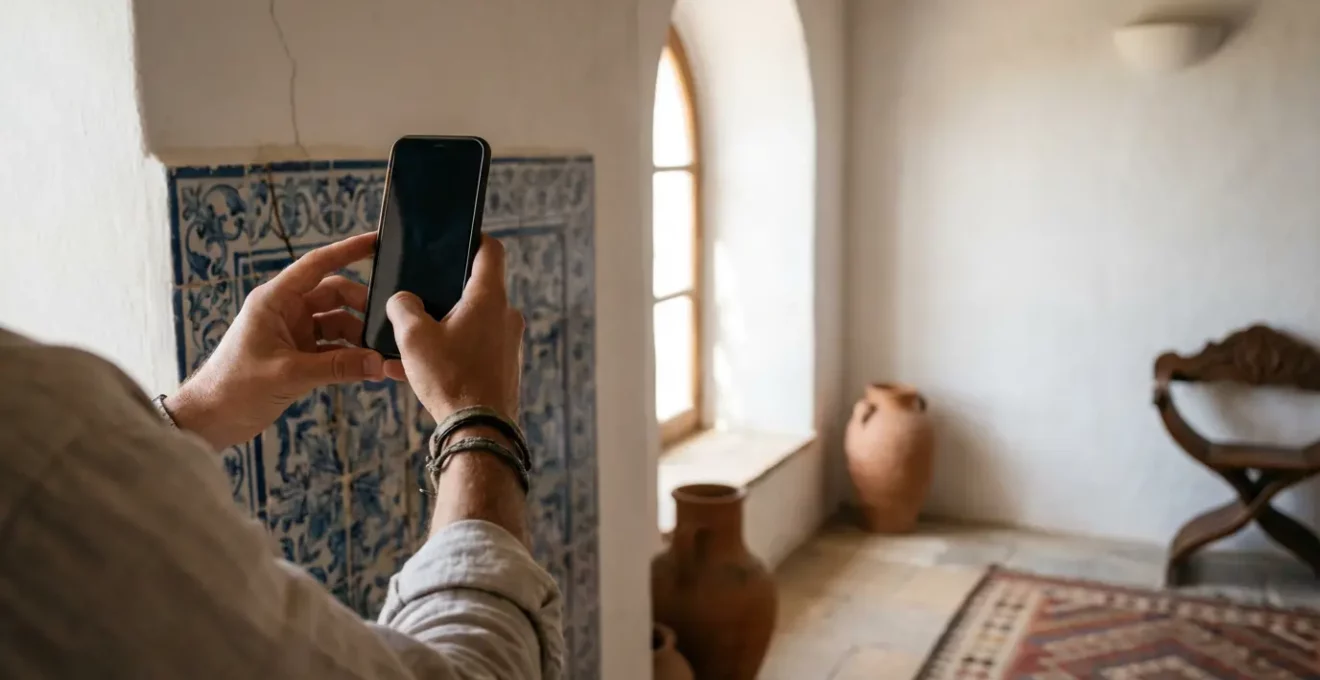 Locataire effectuant une vidéo d'état des lieux dans une villa tunisienne