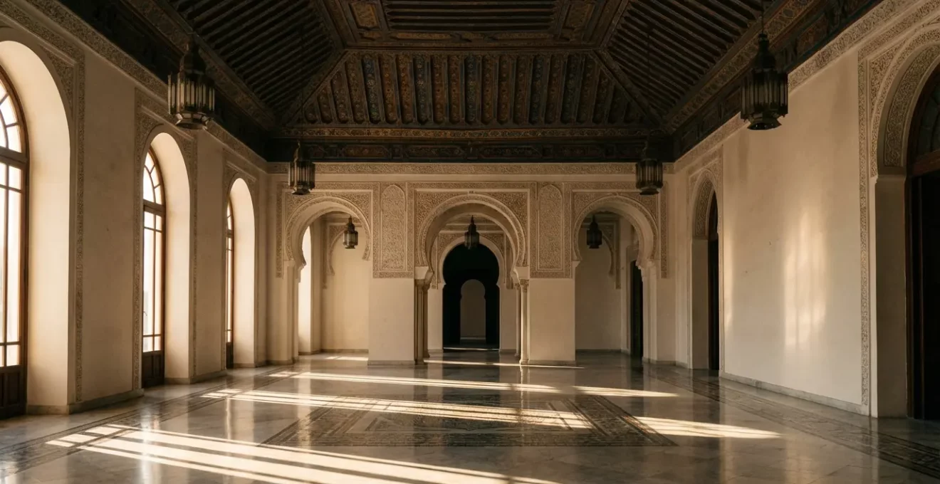 Vue majestueuse de l'intérieur du musée du Bardo avec ses plafonds ornés et ses mosaïques