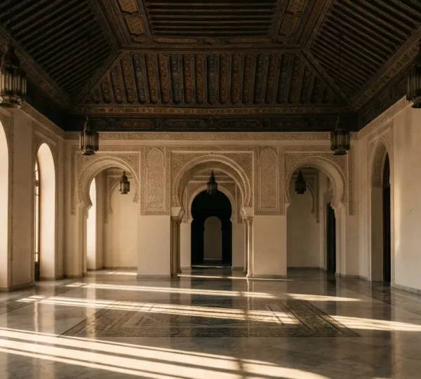 Vue majestueuse de l'intérieur du musée du Bardo avec ses plafonds ornés et ses mosaïques