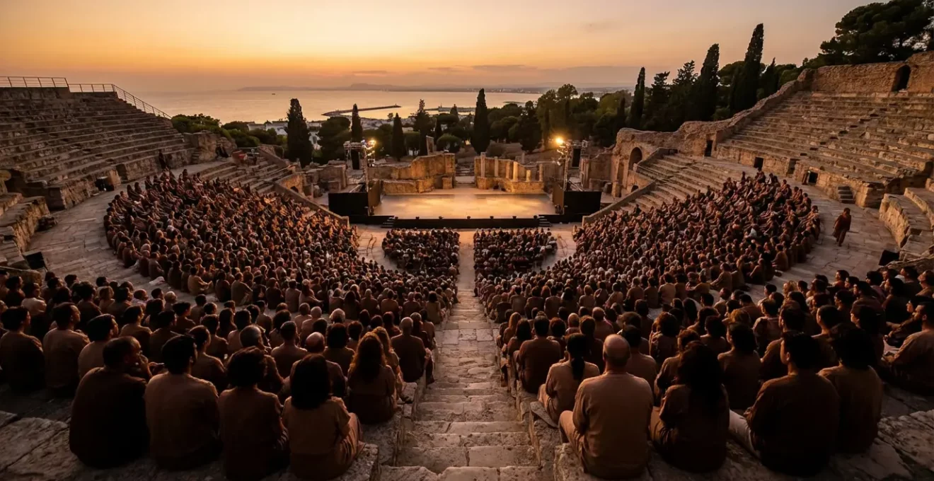 Vue panoramique du théâtre antique de Carthage rempli de spectateurs au coucher du soleil lors d'un festival d'été