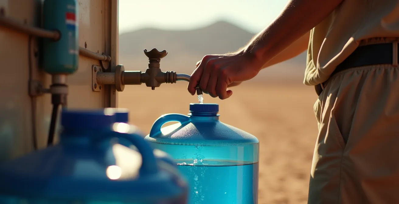 Système de stockage d'eau avec jerricans et filtre sur véhicule 4x4 dans environnement aride