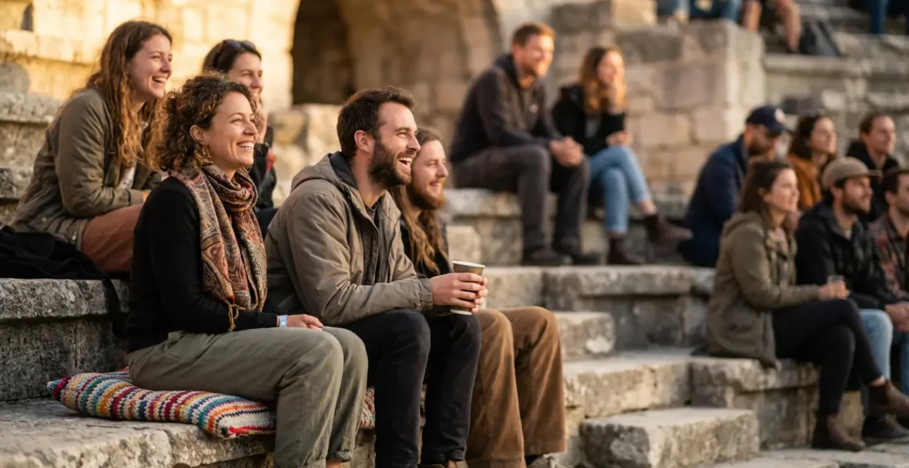 Vue détaillée des gradins en pierre d'un théâtre antique avec spectateurs installés