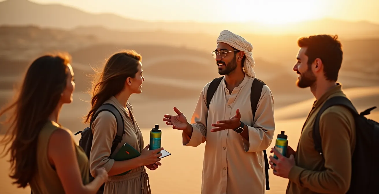 Guide local tunisien expliquant l'écosystème désertique à un petit groupe de touristes