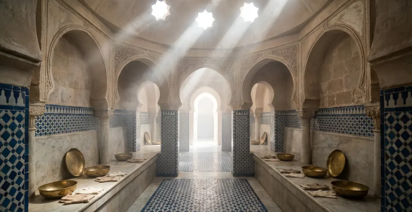Intérieur d'un hammam traditionnel avec vapeur et architecture mauresque
