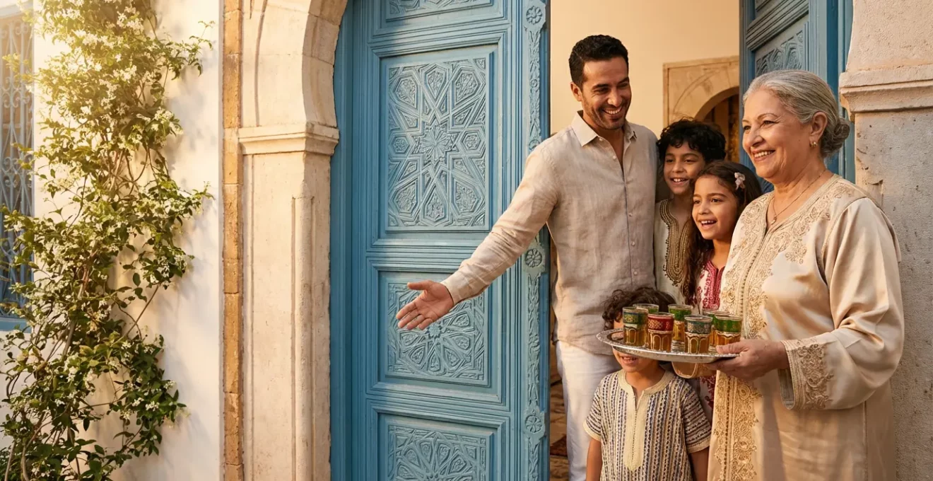 Scène d'accueil traditionnelle tunisienne avec famille souriante