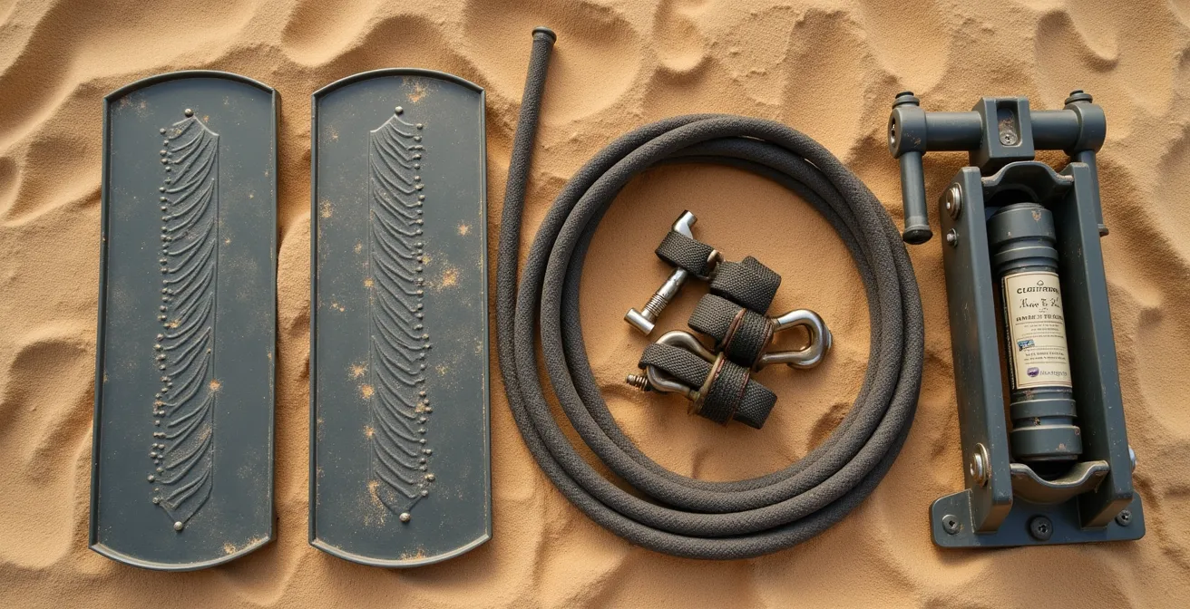 Gros plan sur l'équipement de désensablage d'un 4x4 avec plaques métalliques et sangles de traction