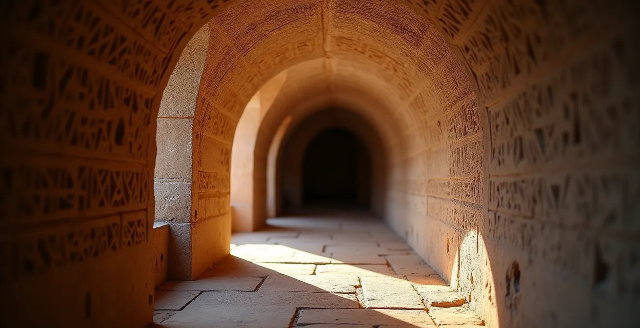 Intérieur d'une ghorfa avec ses voûtes ornées de symboles berbères traditionnels