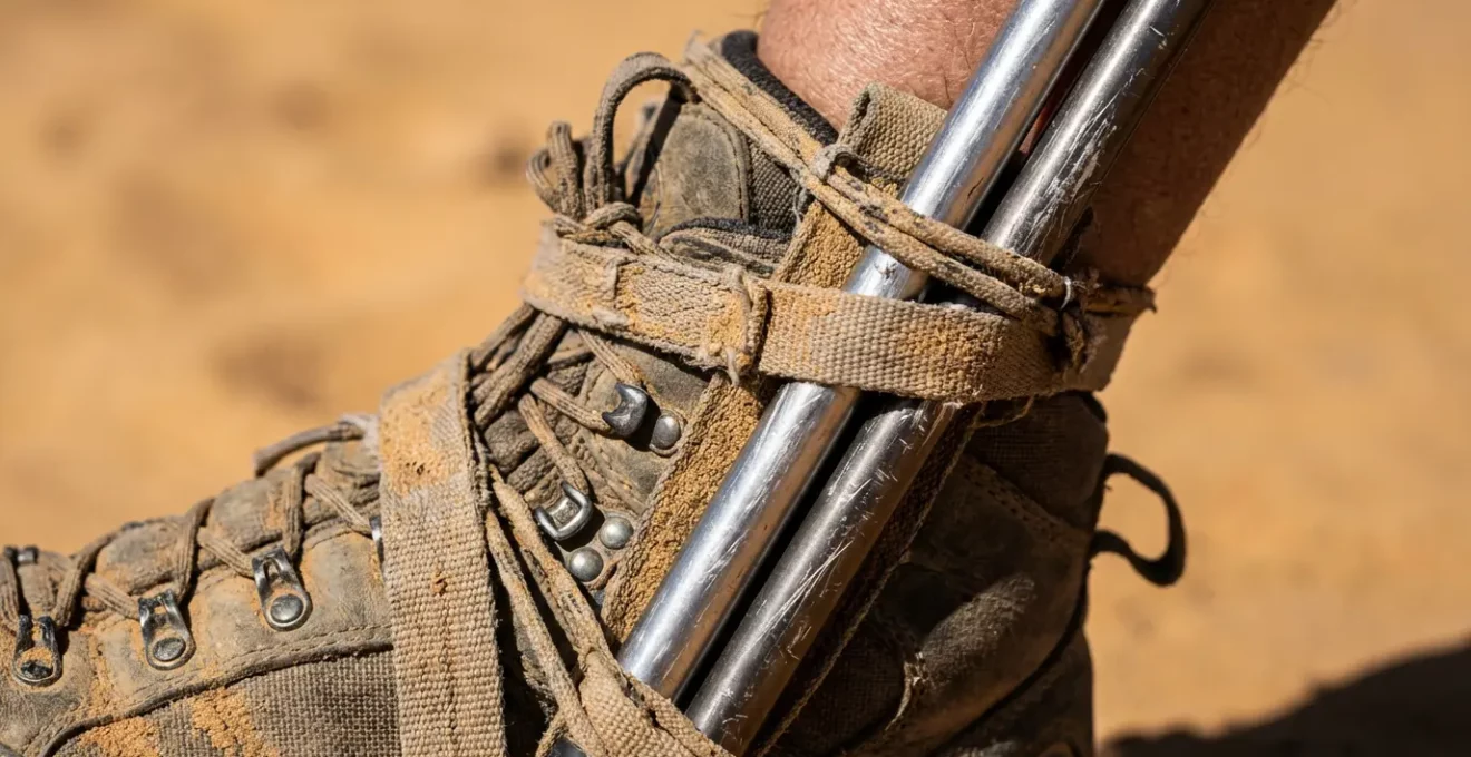 Attelle de fortune créée avec des bâtons de marche et straps sur une cheville