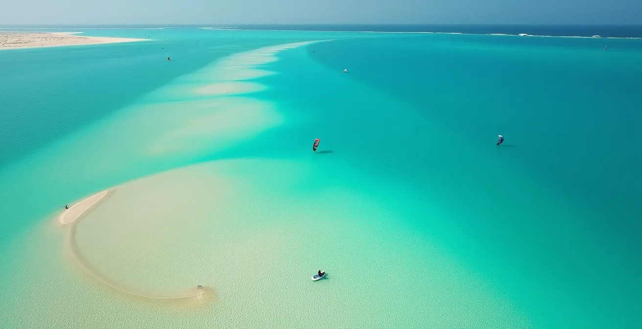 Vue aérienne de la lagune de Djerba avec son eau cristalline peu profonde idéale pour apprendre