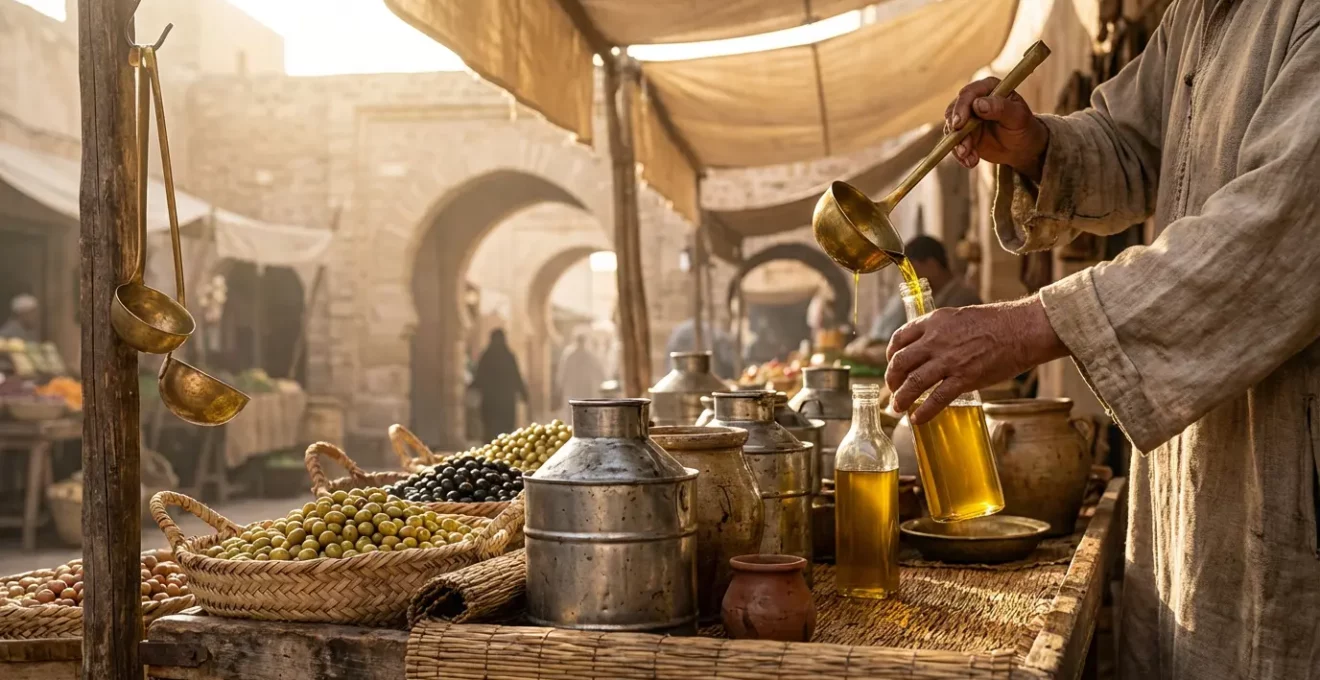 Marché traditionnel tunisien avec bidons d'huile d'olive dorée et olives noires et vertes dans la lumière du matin
