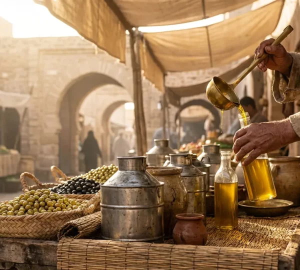 Marché traditionnel tunisien avec bidons d'huile d'olive dorée et olives noires et vertes dans la lumière du matin