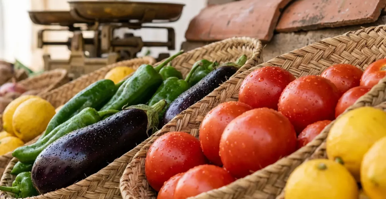 Étal de fruits et légumes au marché municipal avec balance traditionnelle