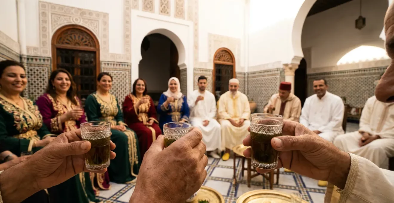 Cérémonie de mariage tunisien traditionnel avec invités en tenues festives dans un palais décoré