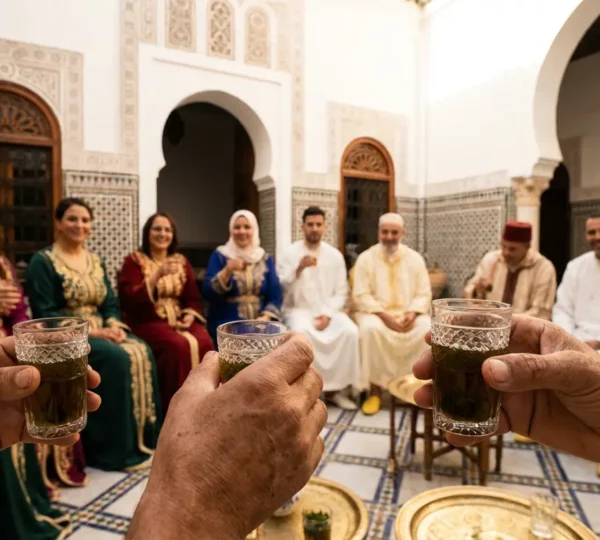 Cérémonie de mariage tunisien traditionnel avec invités en tenues festives dans un palais décoré