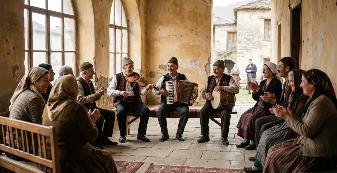 Célébration de mariage traditionnel dans un village tunisien avec musiciens et invités