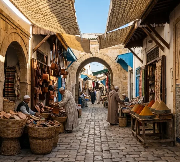 Vue atmosphérique des souks de la médina de Tunis avec leurs ruelles étroites et leurs étals colorés