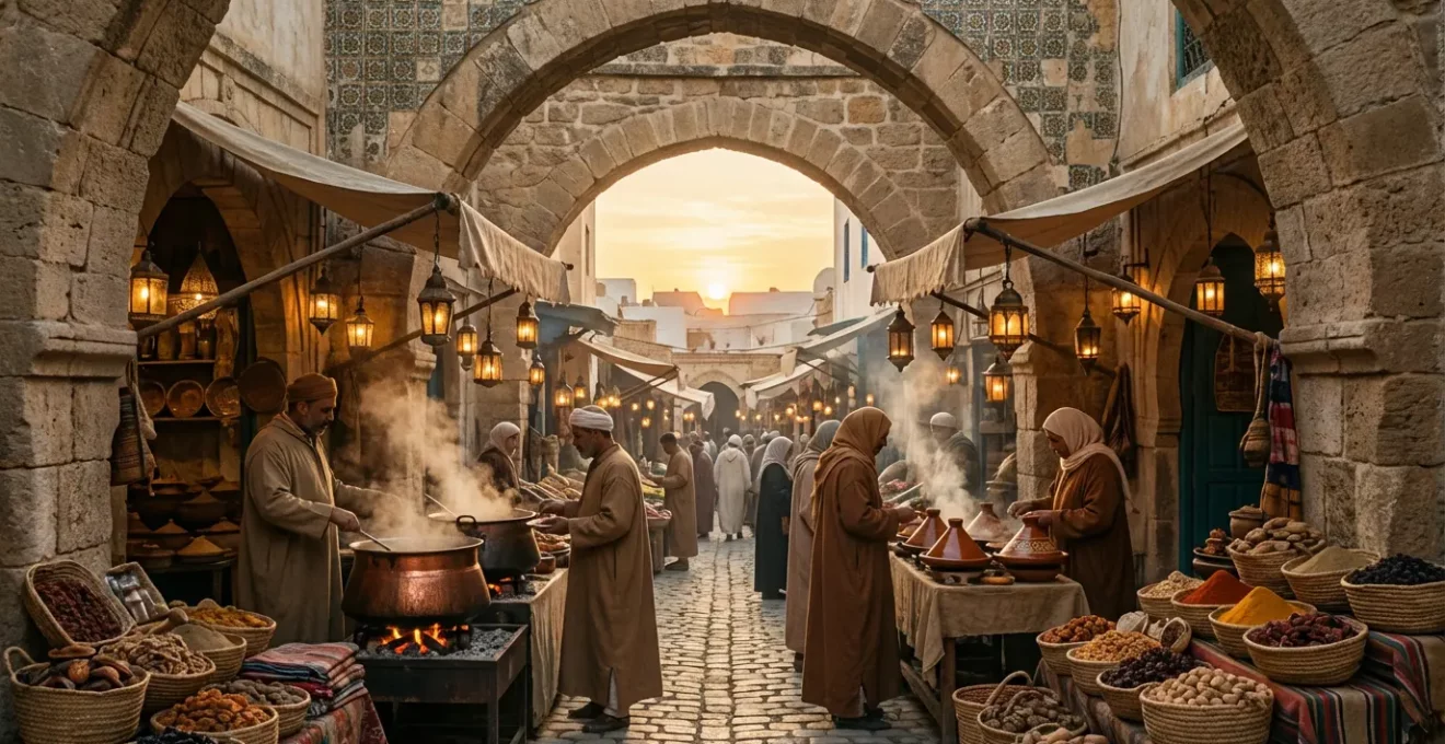 Vue immersive d'un marché de street food tunisien dans la médina avec des étals colorés et des vendeurs traditionnels