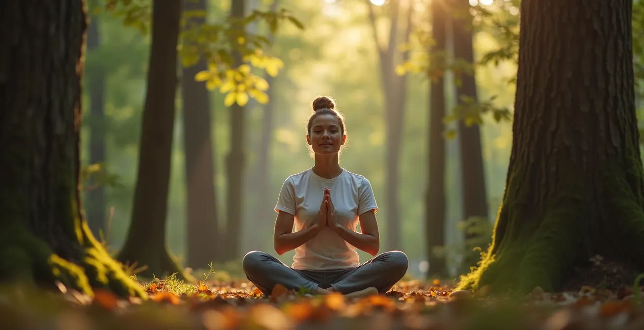 Personne pratiquant la méditation assise dans une forêt lumineuse