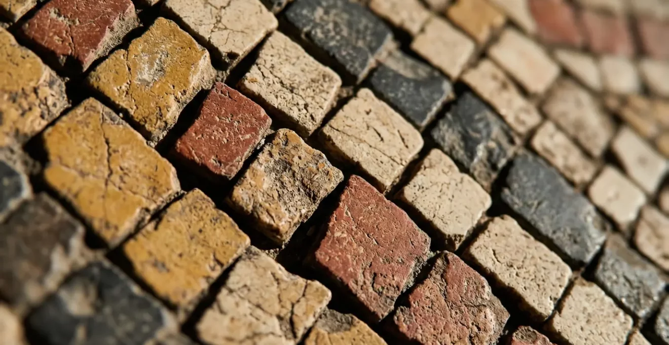 Détail macro d'une mosaïque romaine avec jeu de lumière naturelle à Bulla Regia