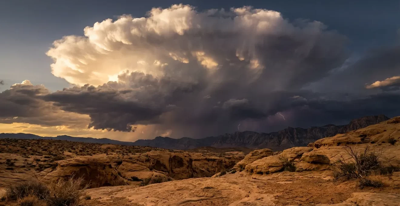 Formation de cumulonimbus menaçant au-dessus du désert tunisien avec contraste lumineux dramatique
